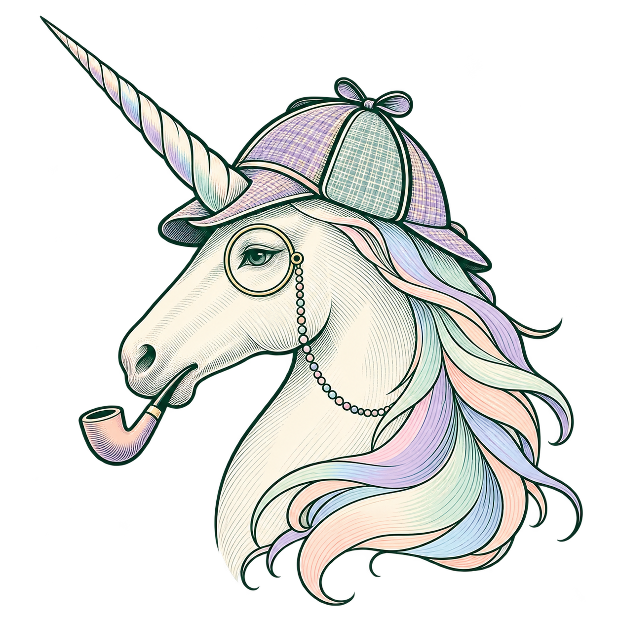 TraceWell detective unicorn wearing a deerstalker, monocle, and pipe